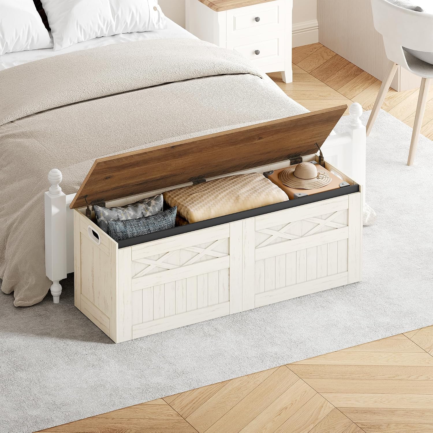 Hzuaneri 47.2" Storage Chest, Large Storage Bench with 2 Hinges, Farmhouse Wooden Box Bench, Lift-Top Organizer Chest, Wooden Bed End Bench, Suitable for Entryway, Bedroom, Retro White SB51214X
