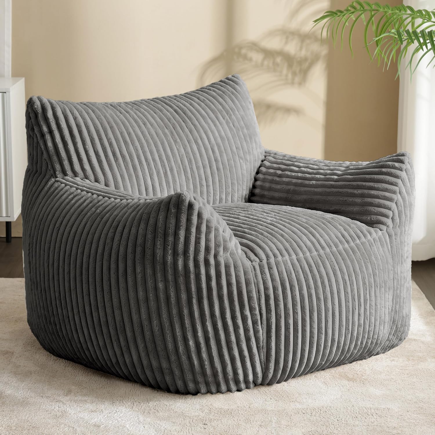 Bean-Bag Chair for Adults Teens - Large Corduroy Bean Bag Chairs with Back Support and Armrests, Adult BeanBag Lazy Sofa with Filler for Living Room, Bedroom, Reading, Grey