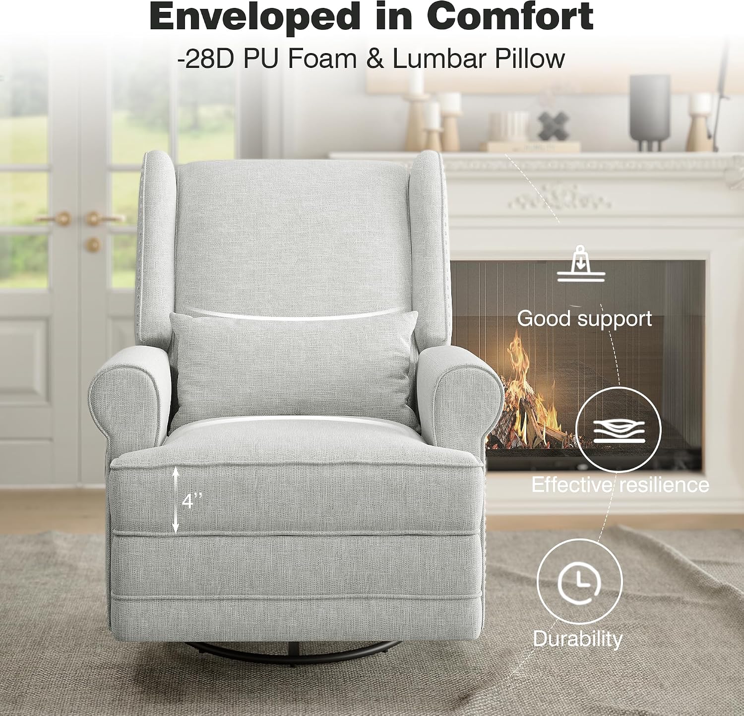 RoyalCraft Swivel Recliner Chair with Extra Large Footrest, Comfy Upholstered Glider Rocking Chair for Living Room, Bedroom and Office, Off White