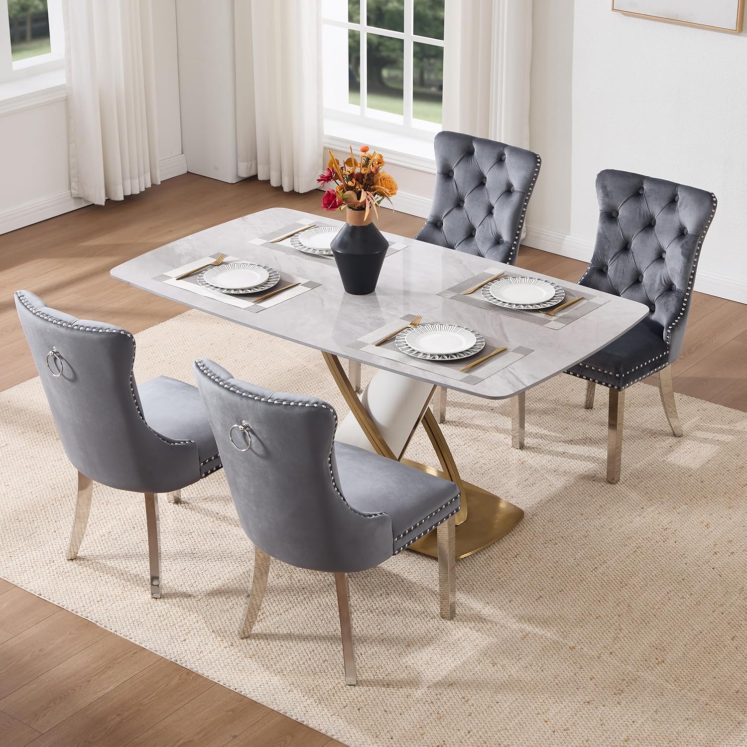 Velvet Dining Chairs Set of 4, Upholstered Dining Room Chairs with Tufted Back & Pull Ring, Modern Kitchen and Dining Chairs, Accent Chairs with Metal Legs (Dark Gray + Silver, Set of 4)
