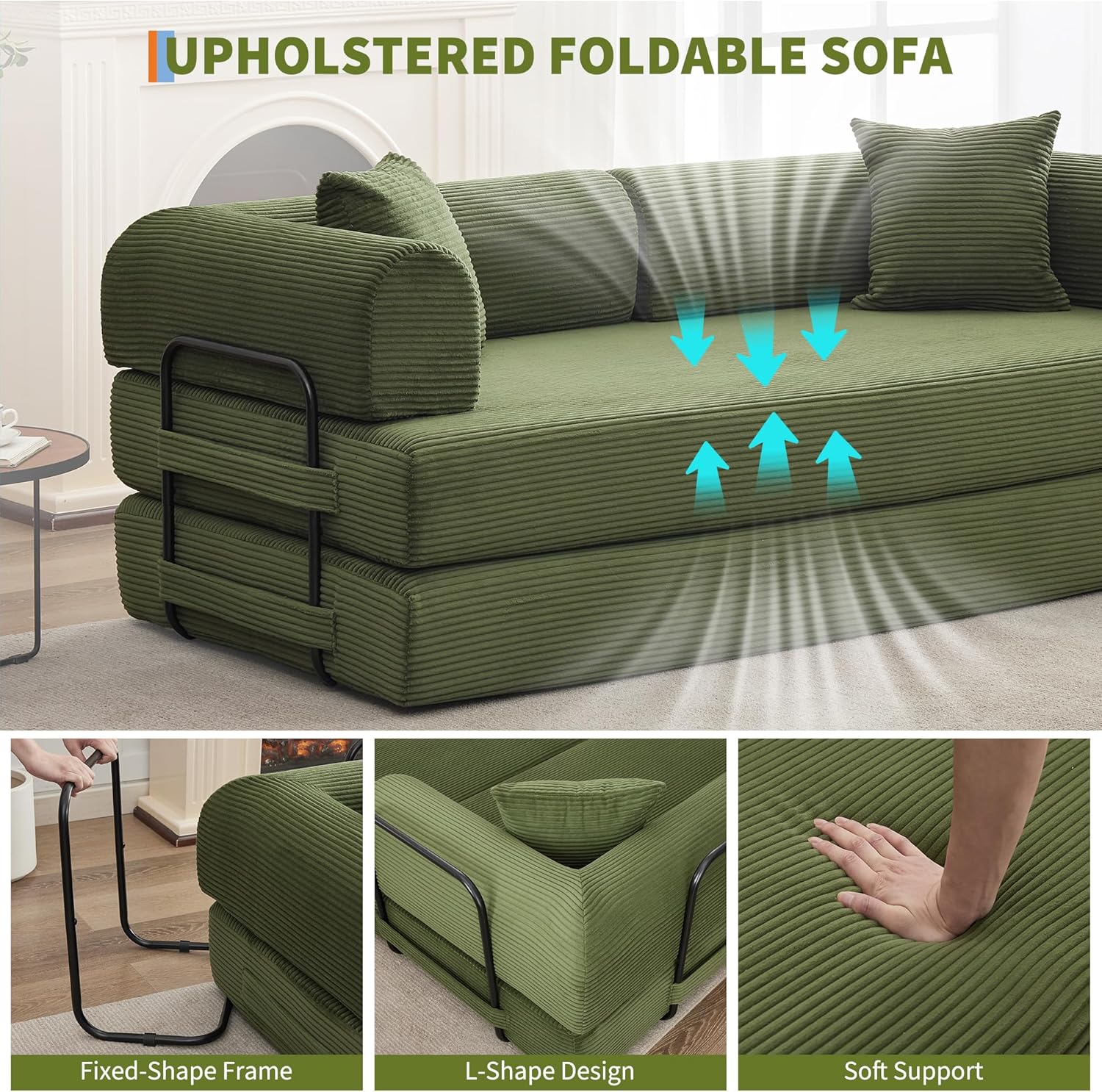 GarveeHome 79" Convertible Sleeper Sofa Bed Couch, 4-in-1 Boneless Corduroy Folding Sofa Bed with Pillow & Fixed-Shape, Floor Mattress Couch Loveseat for Living Room Apartments - No Assembly, Green