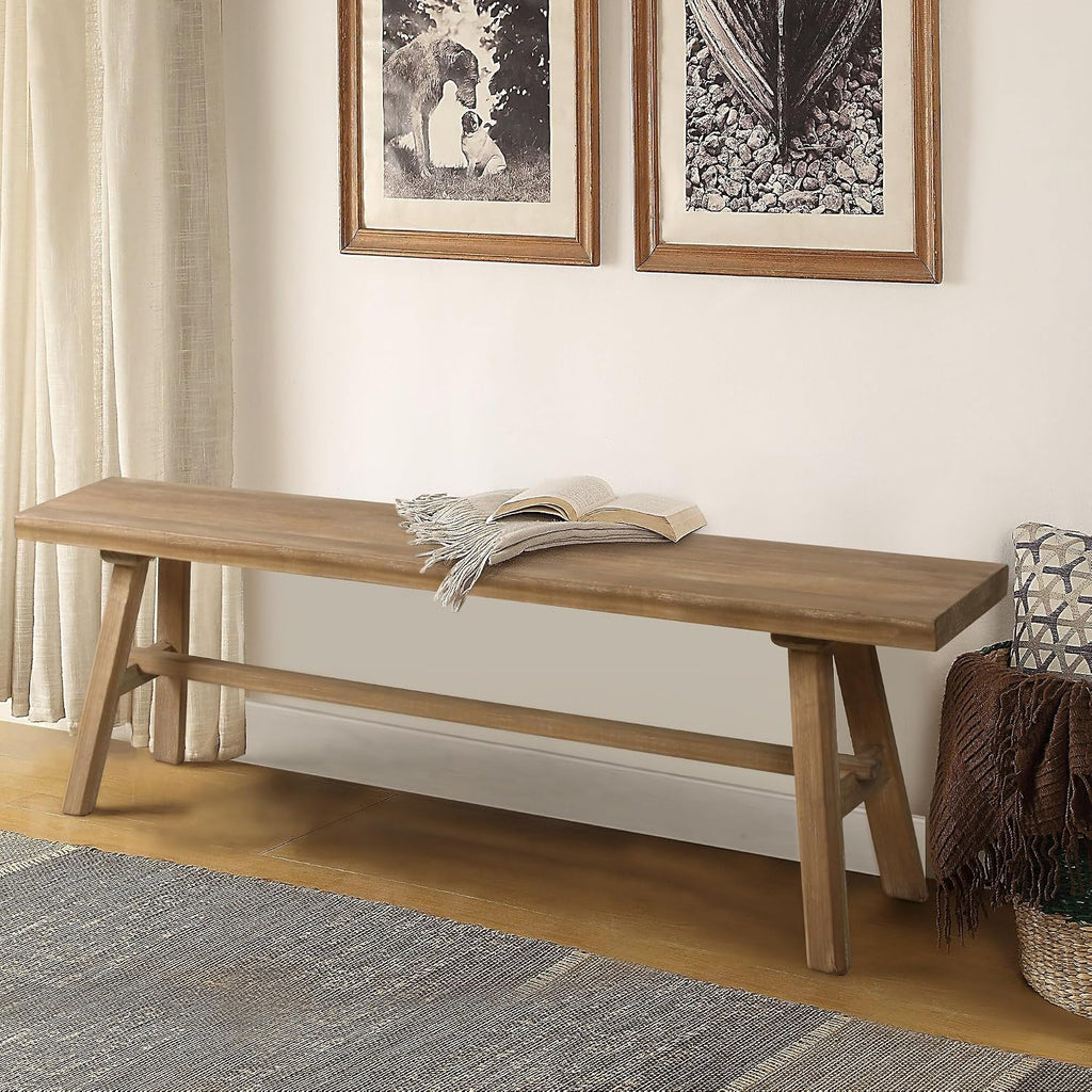 Wnutrees 55" Farmhouse Wood Bench, Rustic Solid Wood Dining Room & Entryway Bench Seat for Indoors, Easy Assembly, Natural