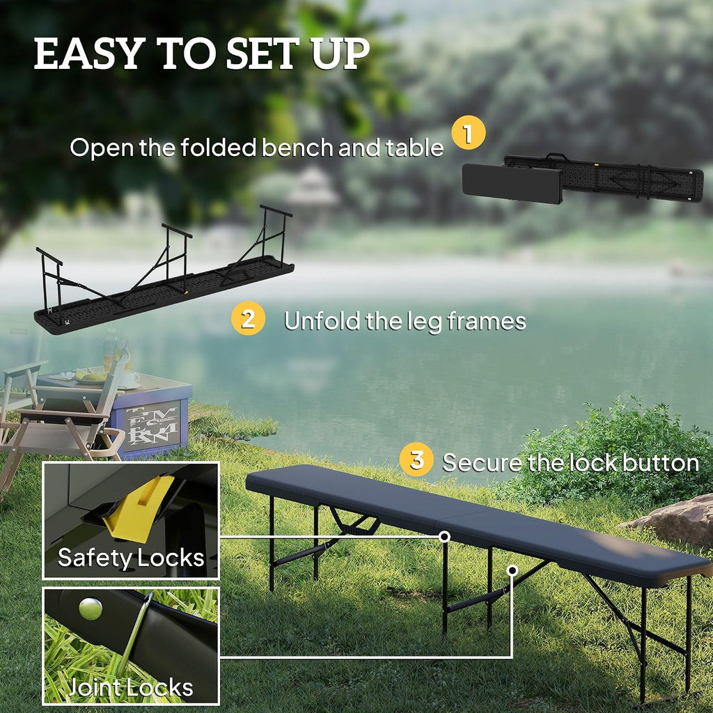 2-Pack 6ft Folding Camping Benches: HDPE Top, Powder-Coated FFor rame, 529lb Capacity, Non-Slip Pads, Carry Handle, Black