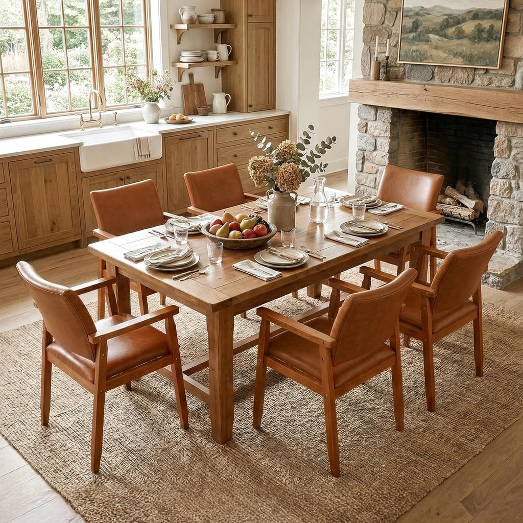 NOBPEINT Mid-Century Modern Dining Chairs with Armrest Set of 4, PU Leather Upholstered Dining Room Chairs with Solid Wood Frame, Walnut Kitchen Armchairs for Kitchen Living Room Restaurant, Brown
