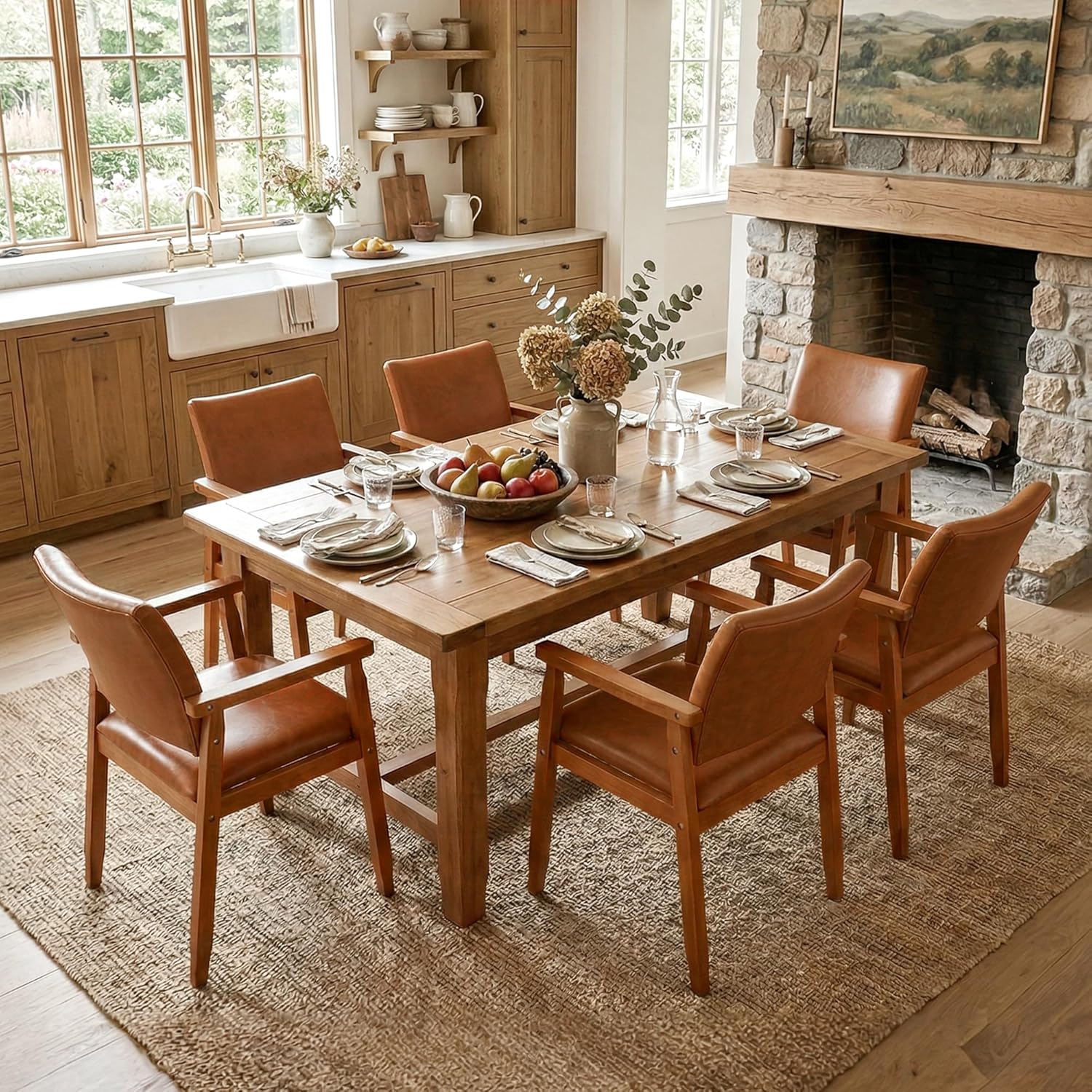NOBPEINT Mid-Century Modern Dining Chairs with Armrest Set of 4, PU Leather Upholstered Dining Room Chairs with Solid Wood Frame, Walnut Kitchen Armchairs for Kitchen Living Room Restaurant, Brown