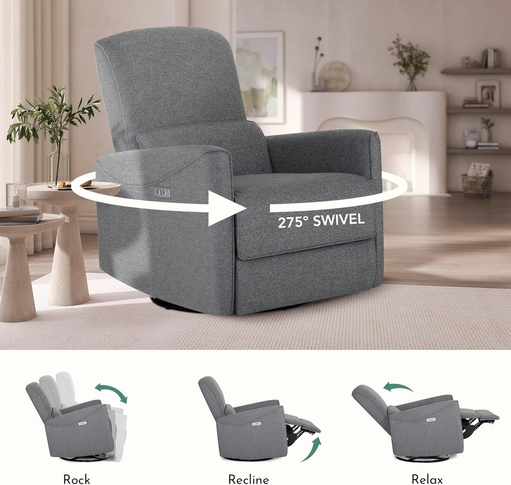 Evolur Belmont Nursery Glider Chair with Massager in Cosmic Grey, Power Recliner with 275° Swivel, Lumbar Support Modern Rocking Chair for Baby Room, Nursery & Living Room