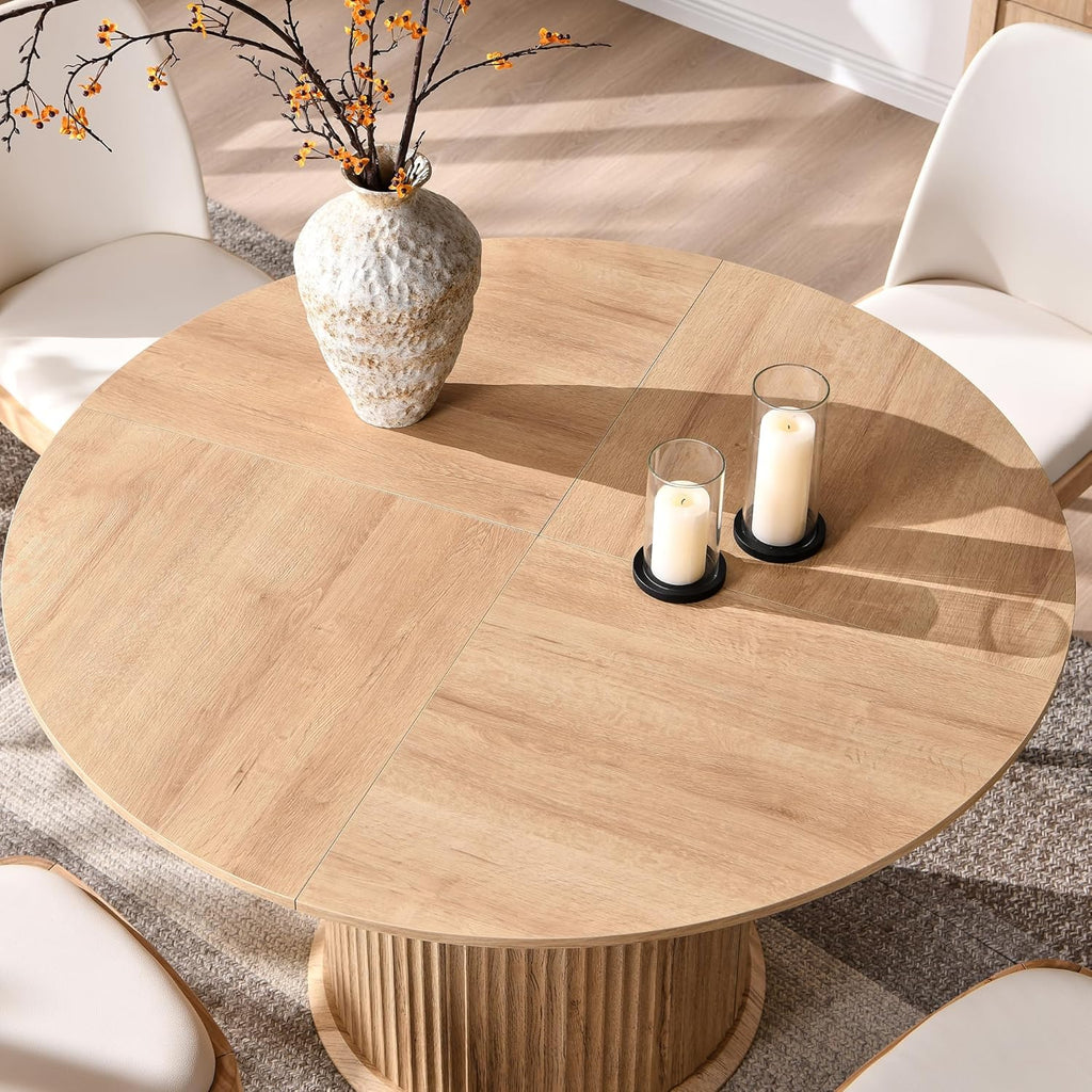 OKD Fluted Round Dining Table for 4, 47" Modern Kitchen Table with Thickened Edge & Cylindrical Base for Kitchen Living Room,Natural Oak(Table Only)