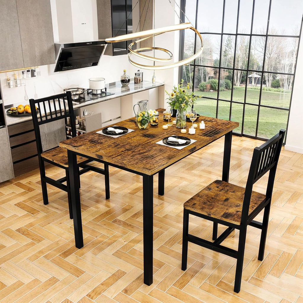 3 Piece Dining Table Set for 2, Small Wooden Kitchen Table Set with Chairs, Space Saving Breakfast Nook Table and Chairs Set of 2, Modern Dinette Set for Dining Room, Apartment, Small Space, Brown