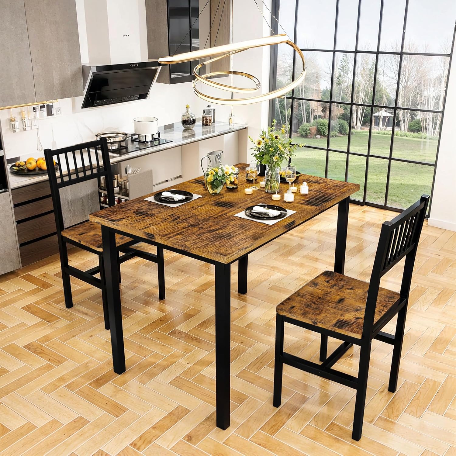 3 Piece Dining Table Set for 2, Small Wooden Kitchen Table Set with Chairs, Space Saving Breakfast Nook Table and Chairs Set of 2, Modern Dinette Set for Dining Room, Apartment, Small Space, Brown