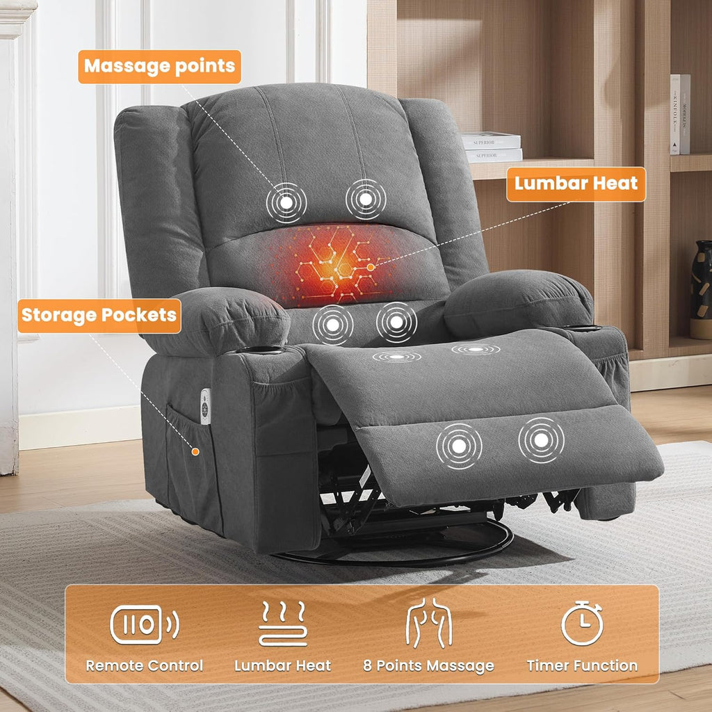 Oversized Recliner Chair with Massage and Heat for Adults, 360° Swivel Rocking Recliner, Big Seat Living Room Chair with Ergonomic Design, Cup Holders and Side Pockets