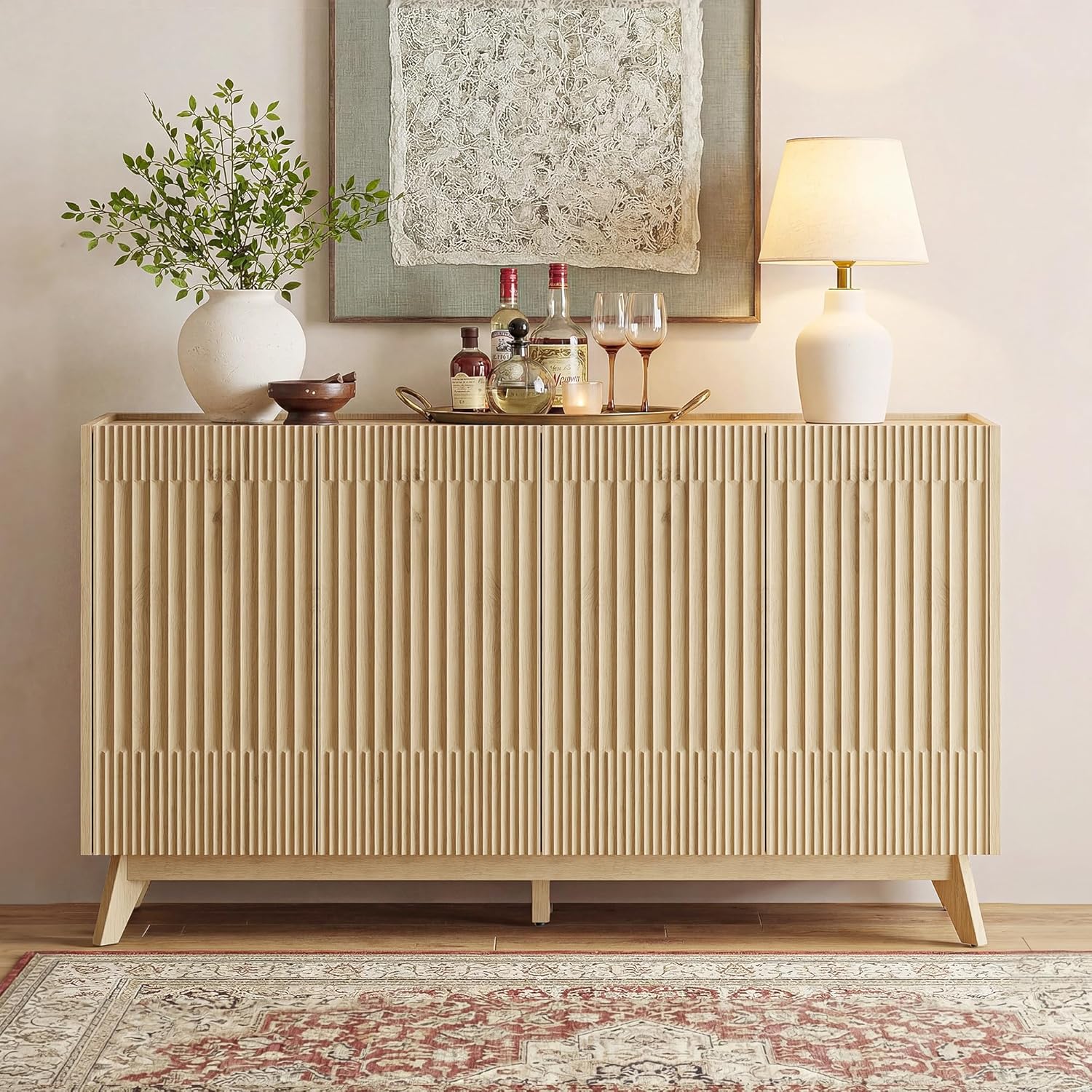 Fatmok Large Sideboard Buffet Cabinet with Storage, 65" Modern Fluted Credenza Buffet Table Coffee Bar Storage Cabinet with Doors & Adjustable Shelves for Living Room Kitchen Dining Room(Natural Oak)