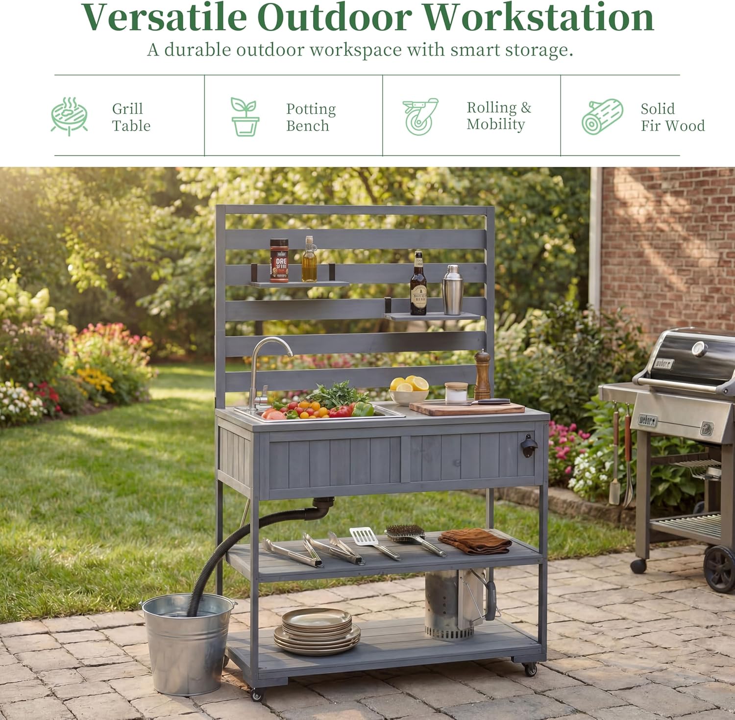 RuiSiSi Patio Rolling Kitchen Island Solid Wood Kitchen Cart with Sink, Garden Potting Bench with Stainless Table Top, 2 Movable Shelves and 1 Bottle Opener, Grey