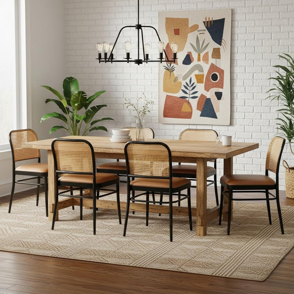 Rattan Dining Chairs Set of 6, Upholstered Faux Leather Dining Chairs with Cane Back, Mid Century Modern Kitchen & Dining Room Chairs, Boho Style, Brown