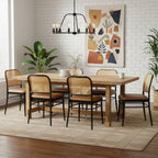 Rattan Dining Chairs Set of 6, Upholstered Faux Leather Dining Chairs with Cane Back, Mid Century Modern Kitchen & Dining Room Chairs, Boho Style, Brown