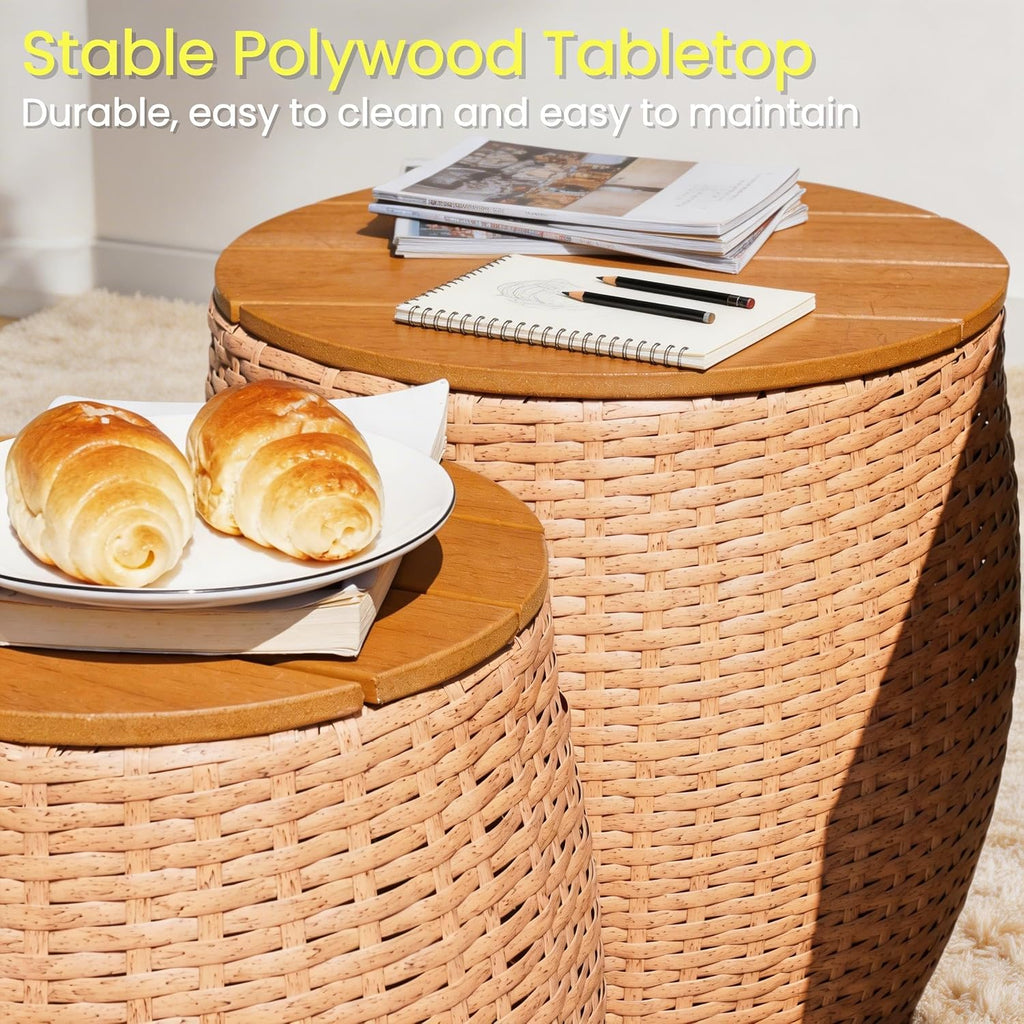 Wicker Side Table Set of 2, Round End Tables with Storage Basket, Multifunctional Barrel Side Tables for Living Room, Bedroom, Laundry