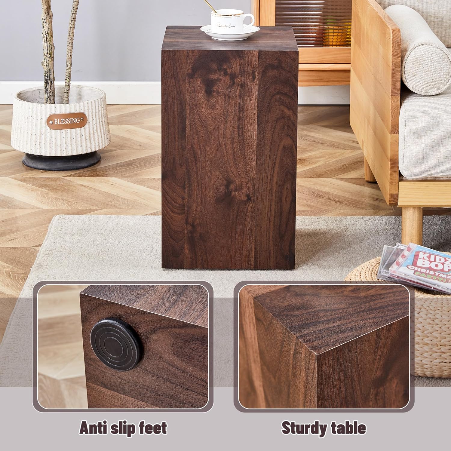 Modern Walnut Wooden End Table for Living Room, MDF Construction Square Sofa Side Table Small Nightstand for Home Apartment, 12 x 12 x 20 Inch, Easy to Clean, Non-Slip Feet Pad