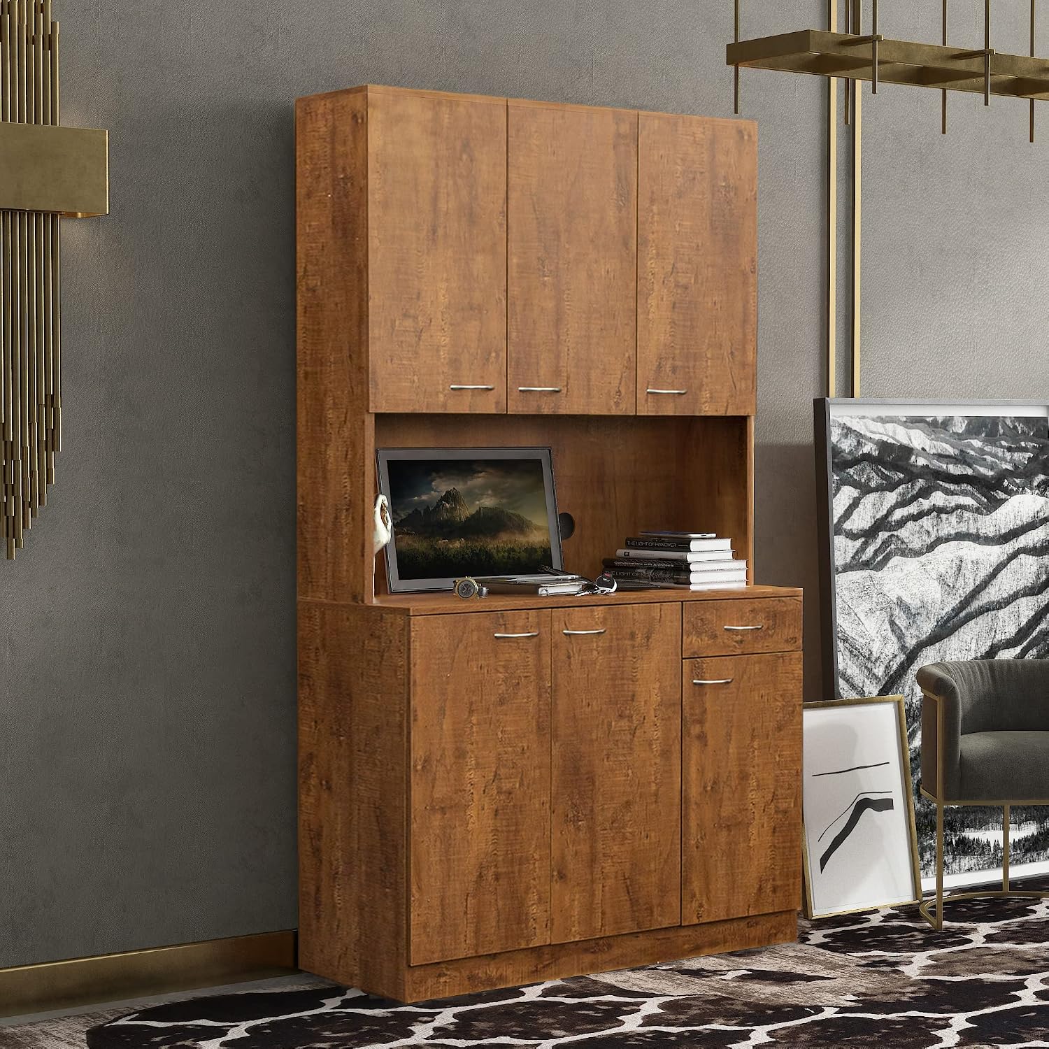 LUMISOL Pantry Sideboard, Solid Wood Kitchen Pantry Storage Cabinet, 70.87” Tall Sideboard with 6 Doors, 1 Open Shelves and 1 Drawers for Living Room, Kitchen, Dining Room, Brown