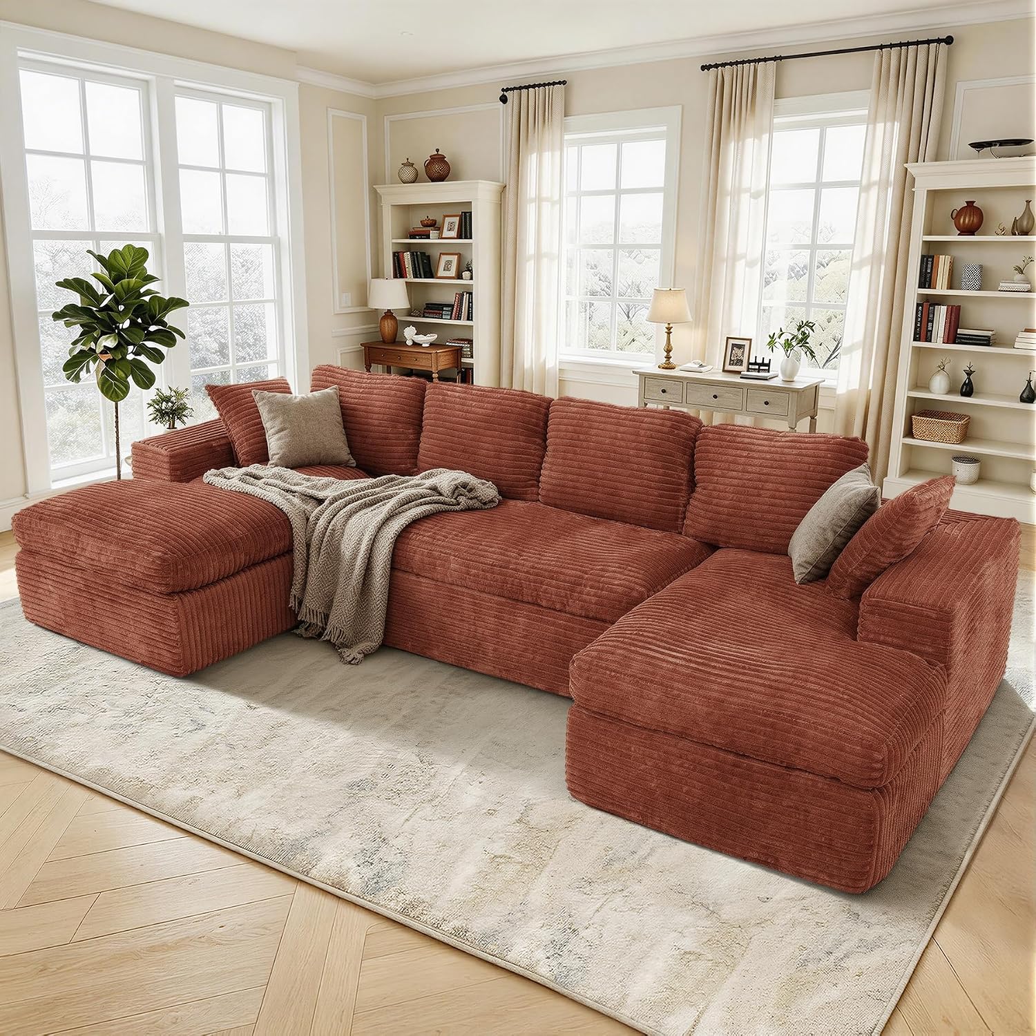 134" U Shaped Modular Sectional Sofa, Oversized Boneless Couches for Living Room,No Assembly Required Corduroy Cloud Couch with Chaise Lounge, Caramel 1 PCS