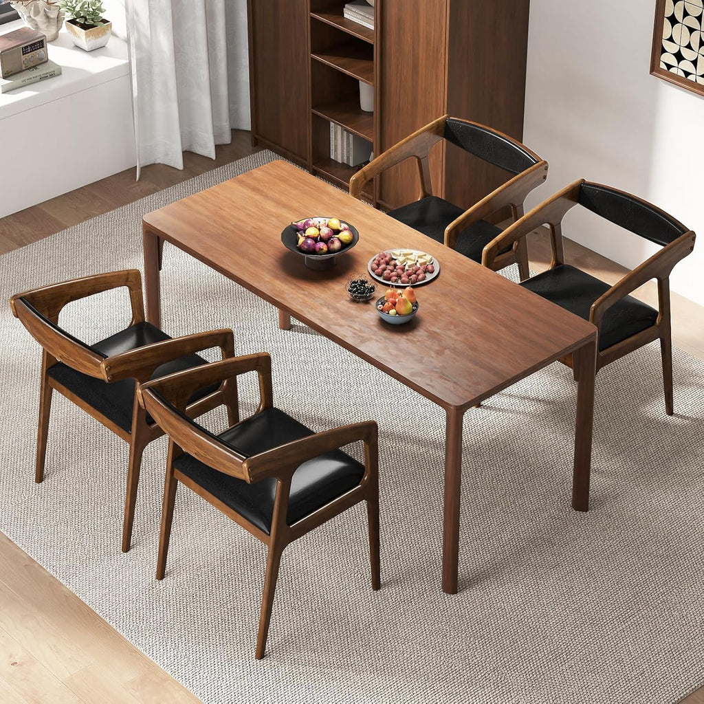 COSTWAY Dining Chairs with Arms Set of 4, Mid Century Modern Wooden Accent Chairs with Faux Leather Seat & Padded Backrest, Kitchen Side Armchairs for Living Dining Reading Room, Brown & Black