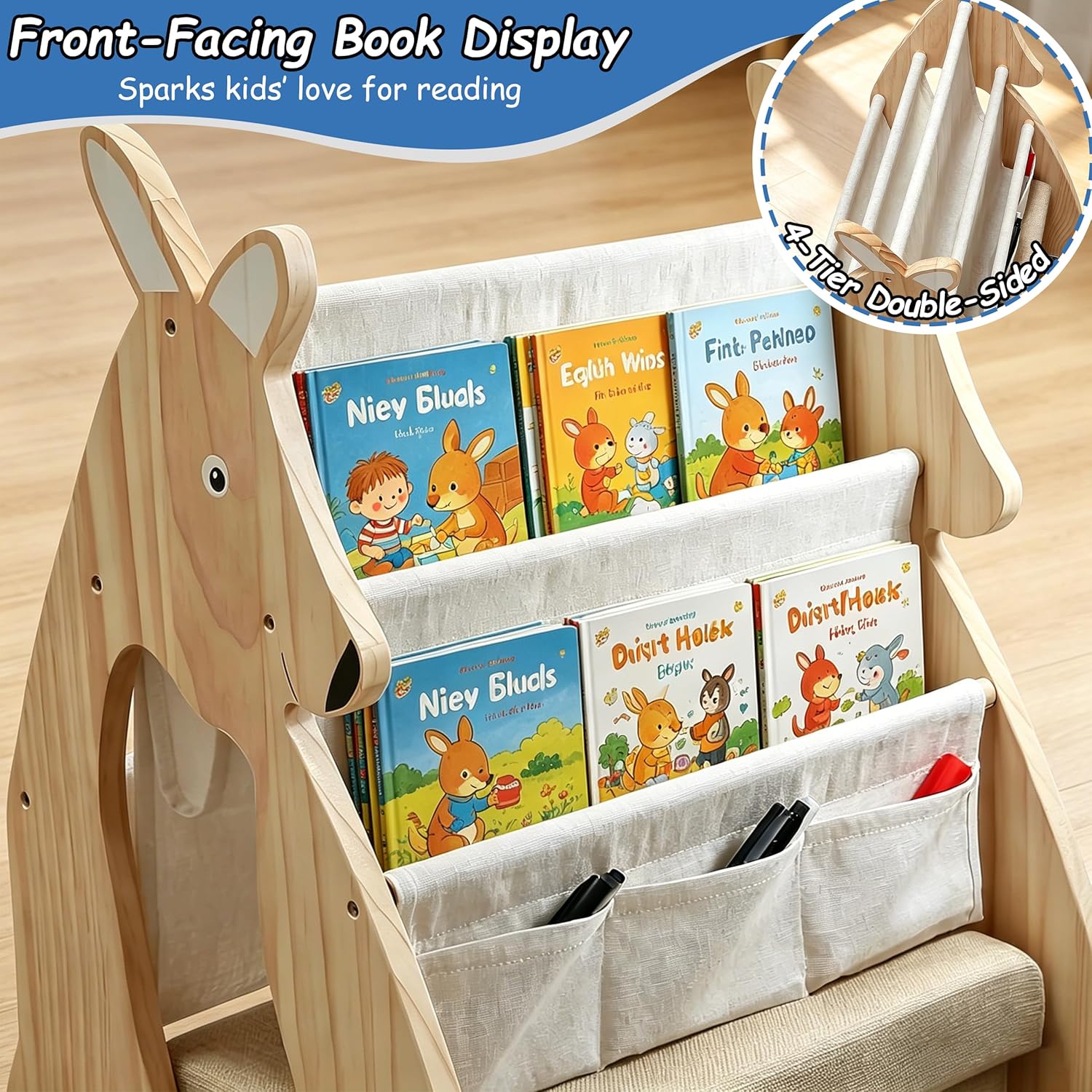 Montessori Kids Bookshelf, Double Sided Book Shelf with Safe Wheels, Large Storage Drawer & Thick Solid Pine Wood, Nursery Book Shelves for Kids Rooms, Kids Bookshelf and Toy Storage