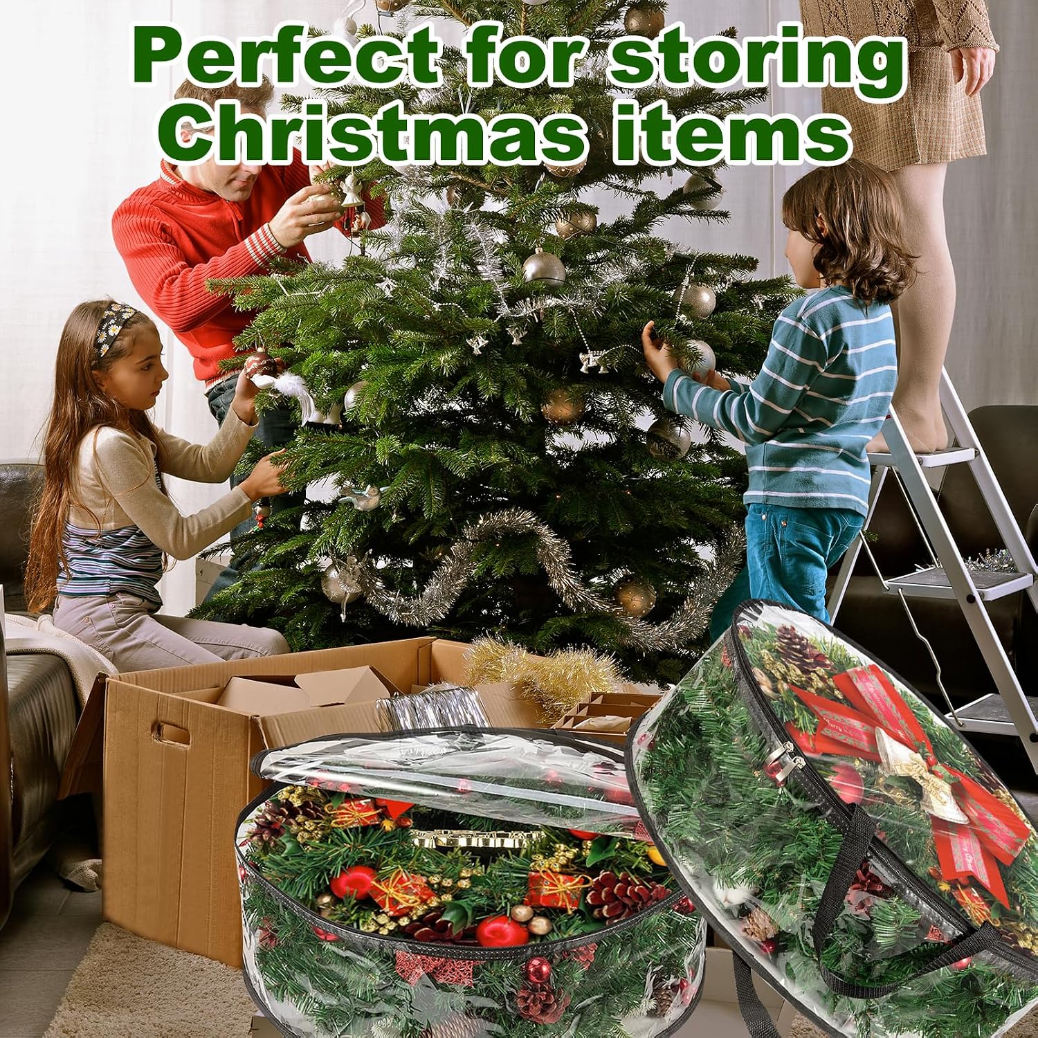 MUXHEL 5 Pcs Christmas Wreath Storage Bags, 24" Dia Round Wreath Storage Containers, Clear, Tear Resistant, Black