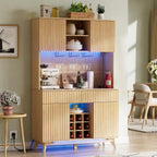 PAKASEPT 70" Fluted Kitchen Pantry Storage Cabinet with Charging Station and LED Light, Farmhouse Kitchen Hutch with Microwave Stand, Drawers and 9 Grid Wine Rack for Home, Dining Room, White