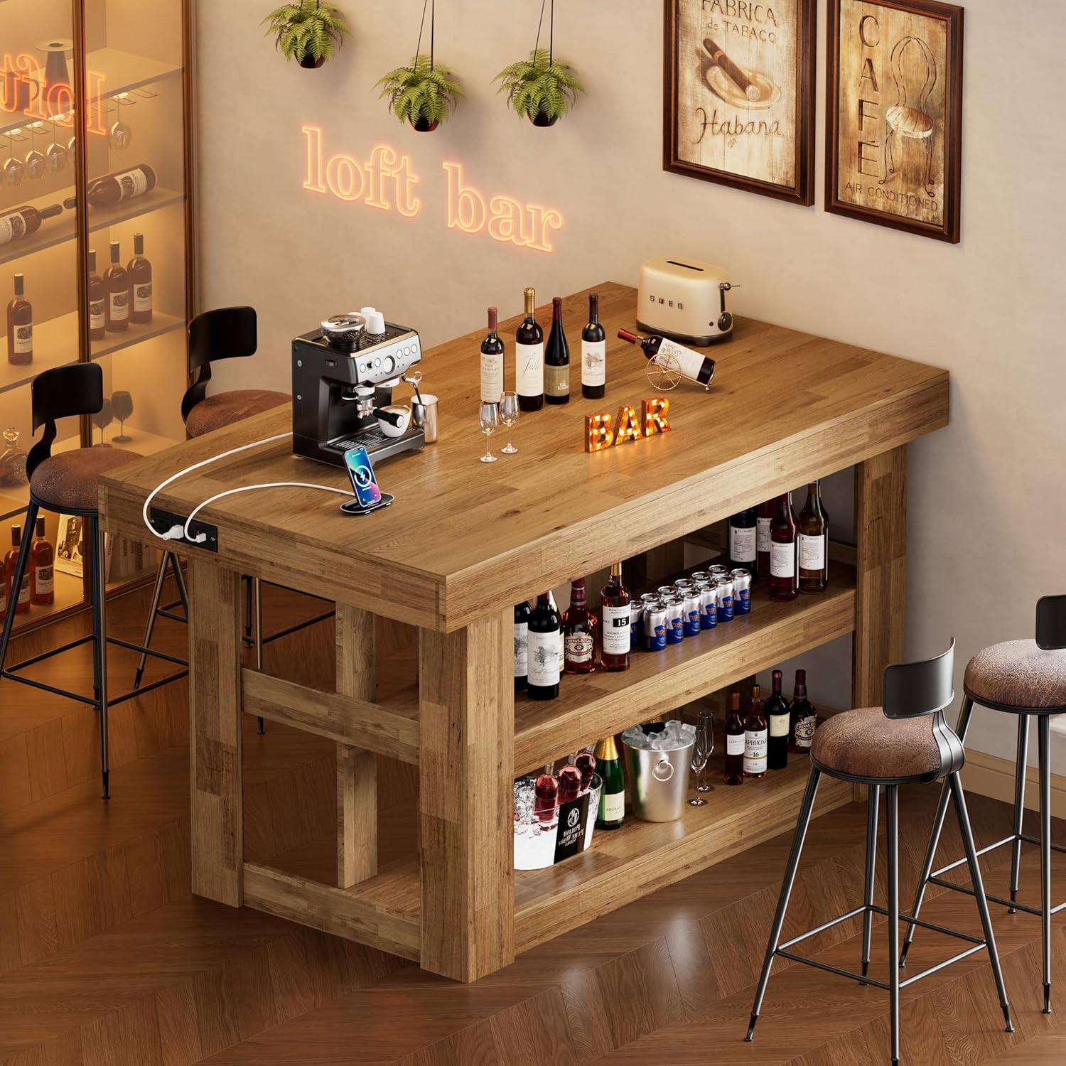 PAKASEPT 55" Kitchen Island with Storage, 3-Tier Farmhouse Wood Island Table with Power Outlets,Shelves for Kitchen, Dining Table for 4,Dining Room,Living Room,Home Bar,Brown