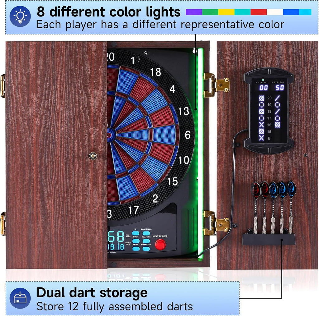 Electronic Dart Board with Cabinet Set, Electric Digital Dart Boards for Adults with Light Strips, Soft Tip Dartboard Cabinet Door with Large Cricket Display and Darts Storage for 12 Darts