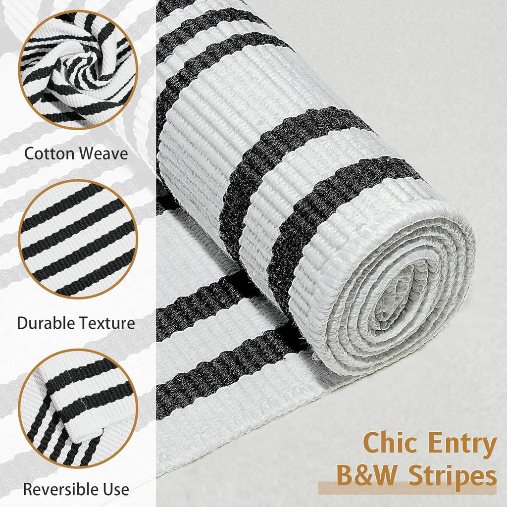 2 Pcs Summer Door Mat, Coco Coir Welcome Doormat with Black and White Striped Mats, Extra Thick & Non-Slip Backing for Farmhouse Front Porch Entryway, Seasonal Layered Porch Décor Floor Mat (Welcome)