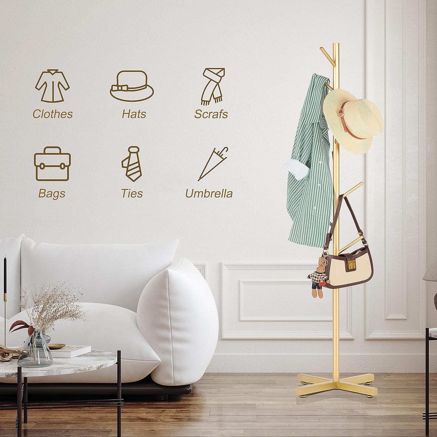 ZOZOE Metal Coat Rack Stand, Modern Coat Rack Freestanding with 8 Hooks, Coat Racks Easy to Assemble, Coat Tree Stand for Bags, Hats, Entryway, Office (Golden)