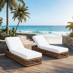 Outdoor Chaise Lounge Chair Set of 2, 5-Position Adjustable Backrest, All-Weather Brown Woven Rope Recliner with 5 Inch Beige Cushion, Water-resistant Patio Lounge Chair for Poolside, Beach, Backyard