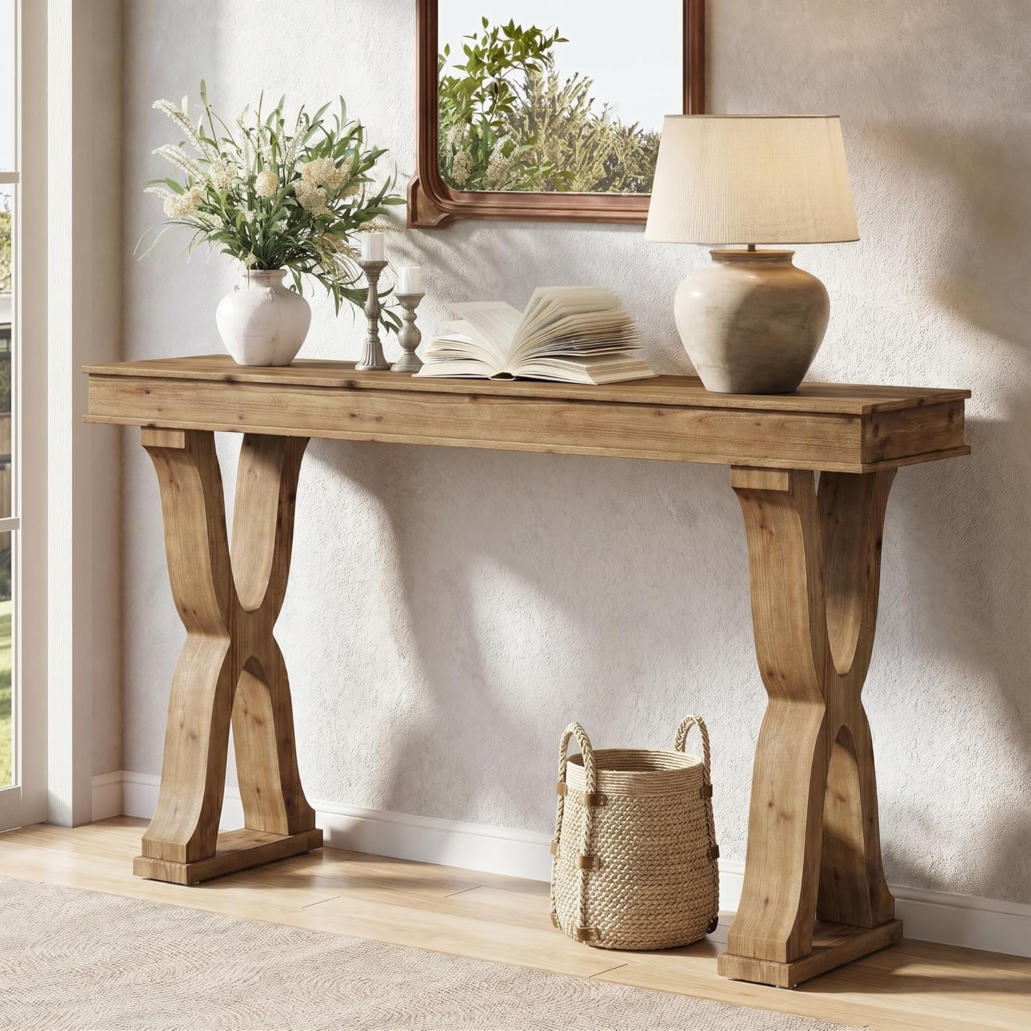 Solid Wood Console Table 63 Inch, Farmhouse Entryway Table with X-Shaped Legs, Narrow Sofa Table Behind Couch for Living Room, Hallway, Foyer, Sturdy & Easy Assembly