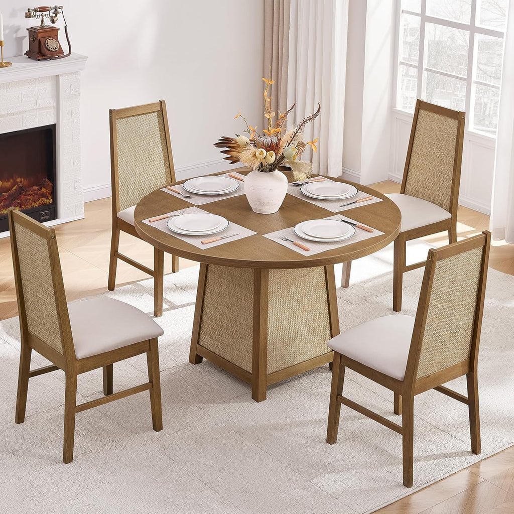 SICOTAS Round Wood Dining Table for 4, 47" Rattan Dining Room Table with Solid Wood Pedestal Base, Boho Circle Kitchen Table, Farmhouse Wicker Dinner Table for Dining Room Kitchen, Living Room, Oak