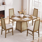 SICOTAS Round Wood Dining Table for 4, 47" Rattan Dining Room Table with Solid Wood Pedestal Base, Boho Circle Kitchen Table, Farmhouse Wicker Dinner Table for Dining Room Kitchen, Living Room, Oak