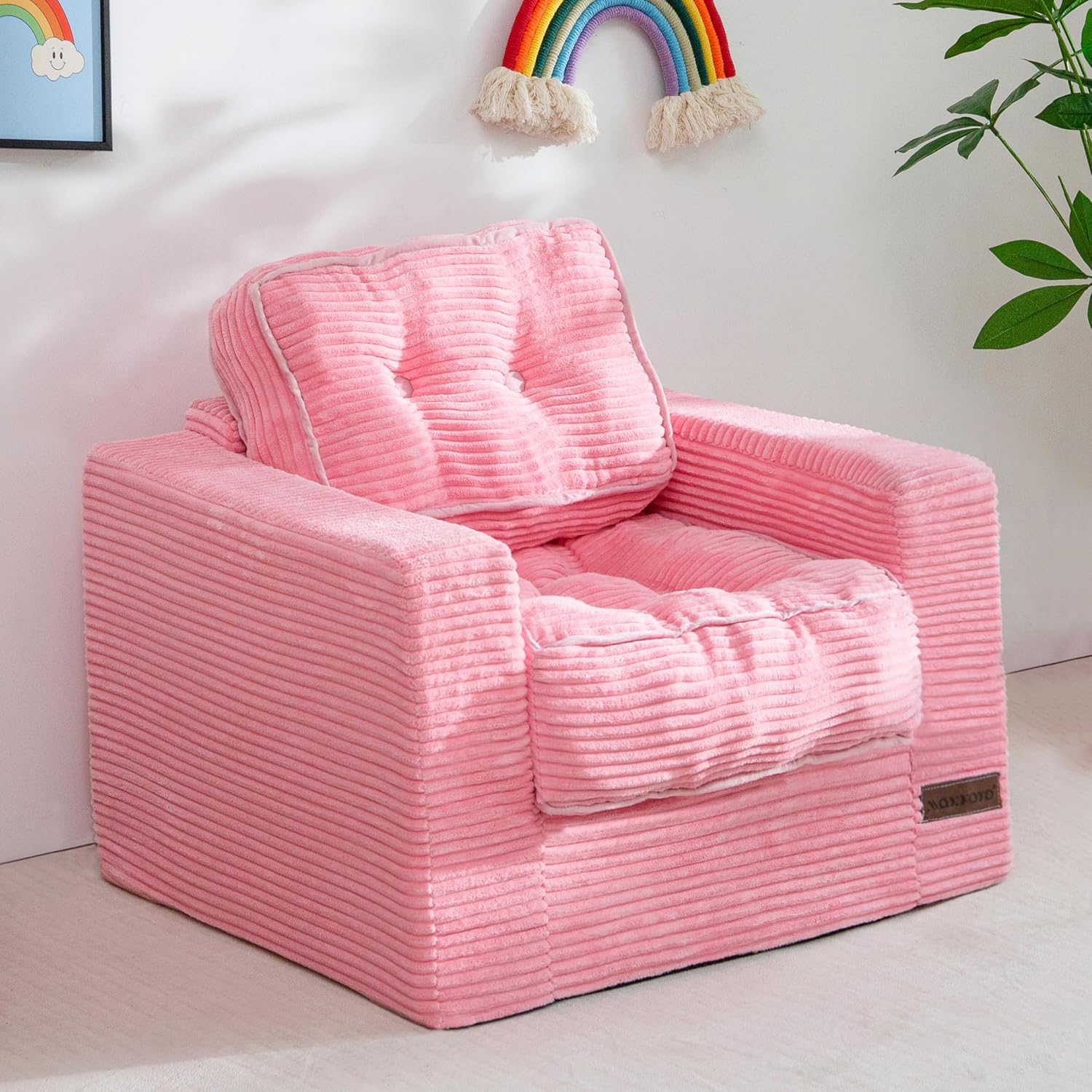 MAXYOYO Kids Bean Bag Chair, Upholstered Bean Bag Sofa Cloud Seat for Boys and Girls, Boneless Couch with Tufted Cushion & Pillows, Kids Sofa in A Box, No Assembly Required, Pink