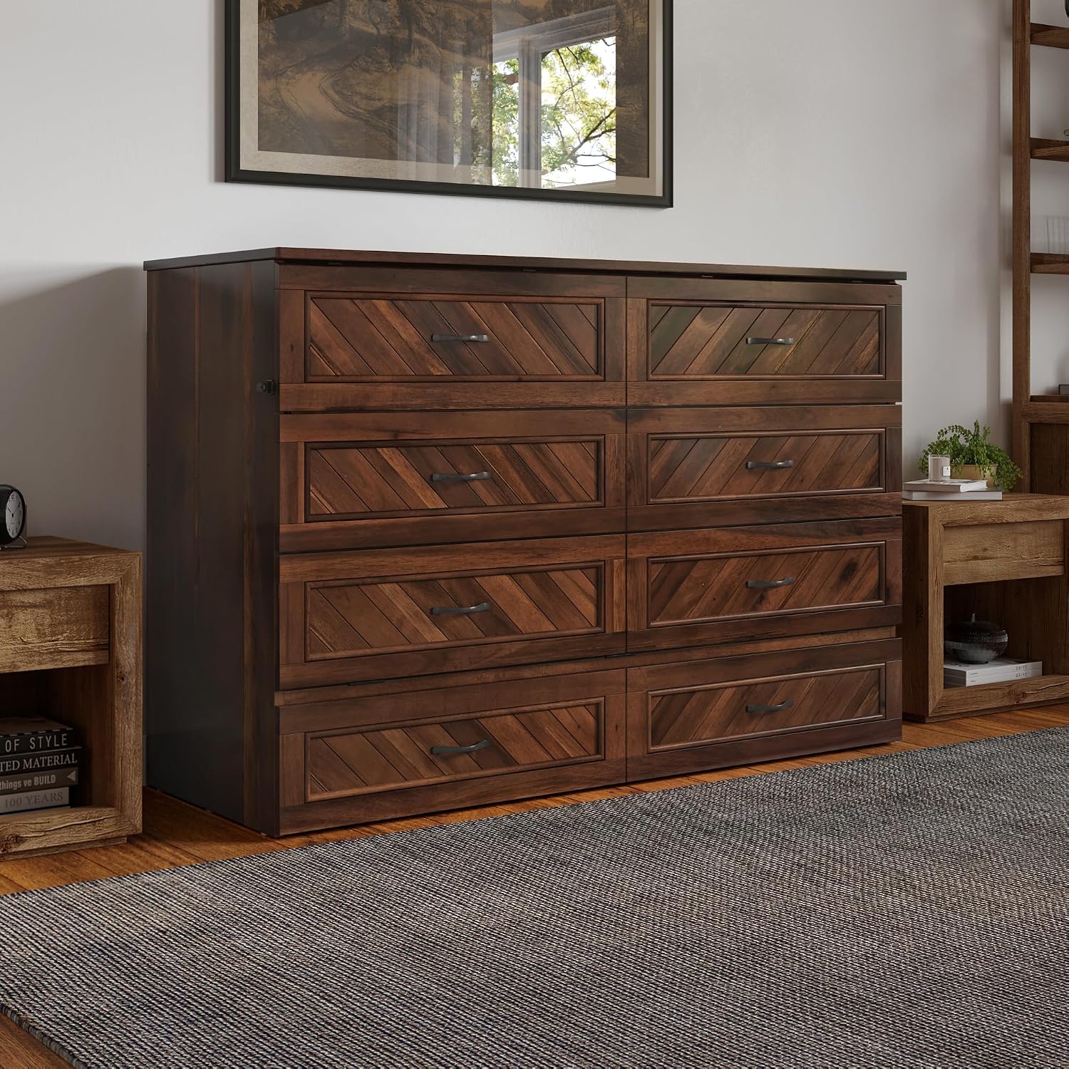 AFI, Alpine Queen Wood Murphy Bed Chest with 6" Mattress, Storage Drawer & Built-in USB Charger, Barnwood