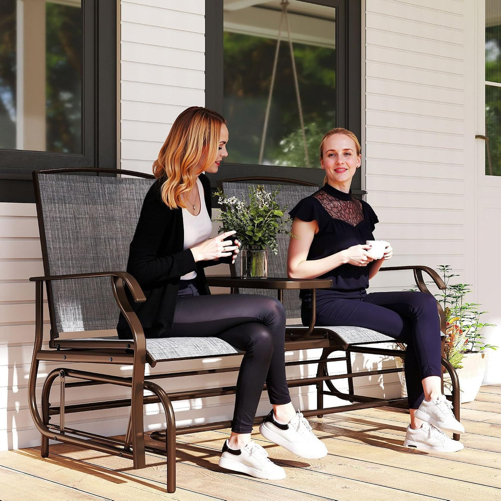Two-Person Outdoor Glider Bench with Center Table for Garden Patio Use
