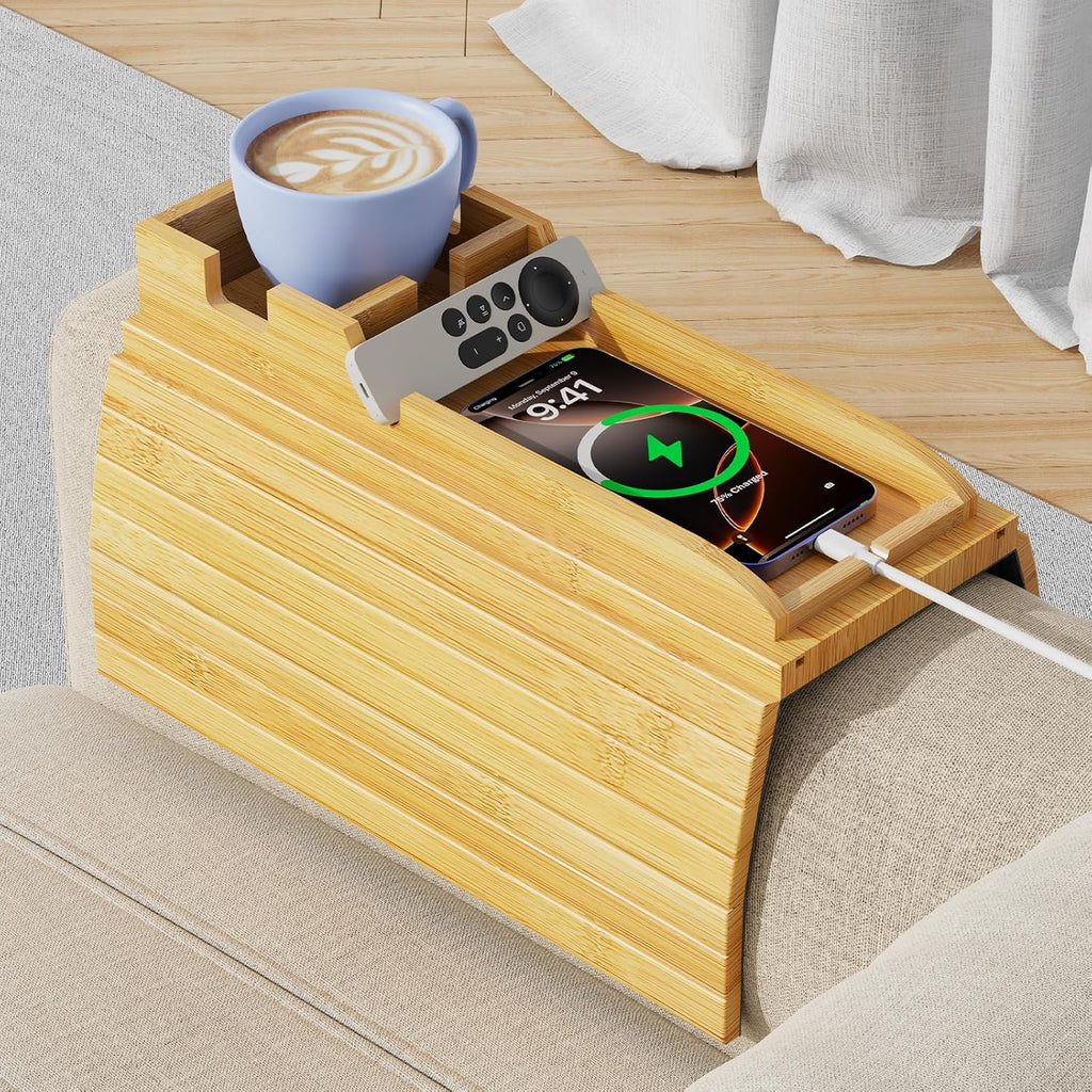 Bamboo Sofa Arm Tray 2-in-1 Couch Armrest Table with Detachable Cup Holder, Foldable Anti-Slip Sofa Tray for Drinks, Phone, Remote & Snacks, Fits 4.5" 14" Armrests