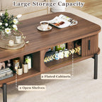 Coffee Table, 39.4" Mid Century Modern Coffee Tables for Living Room, Coffee Table with Storage Open Shelf, Fluted Table with Sliding Cabinet Door, 2-Tier Rustic Wood Desktop, Walnut