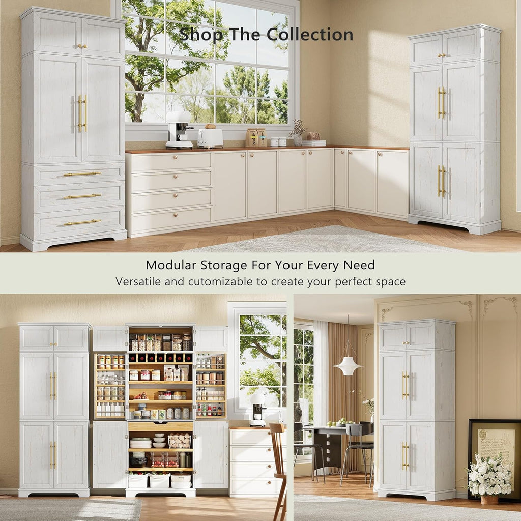 78.2" Tall Farmhouse Kitchen Pantry Cabinet, Storage Cabinet with 8 Door Shelves & 4 Adjustable Shelves, Hidden Drawer and Wine Rack for Kitchen, Dining Room, Bathroom, Retro White