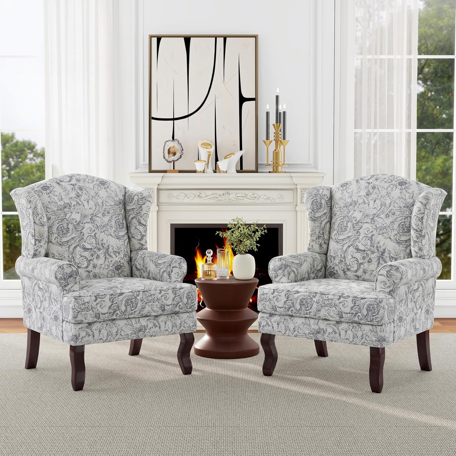 Mid-Century Modern Wingback Accent Chair, Rococo Light Grey, Set of 2 | High Back Upholstered Armchair with Solid Wood Legs, Comfy Single Sofa Reading Chairs for Living Room, Bedroom