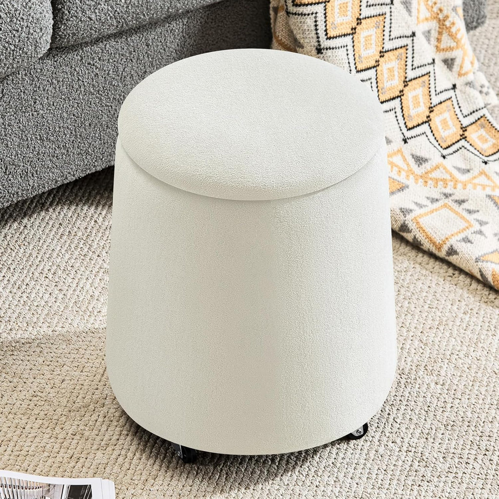 Storage Ottoman with Wheels, 15“W Swivel Rolling Foot Stool Boucle Terry Fabric Coffee Table Ottoman with Hidden Storage, Round Vanity Stools for Makeup Room Living Room Bedroom Entryway Dorm, Beige