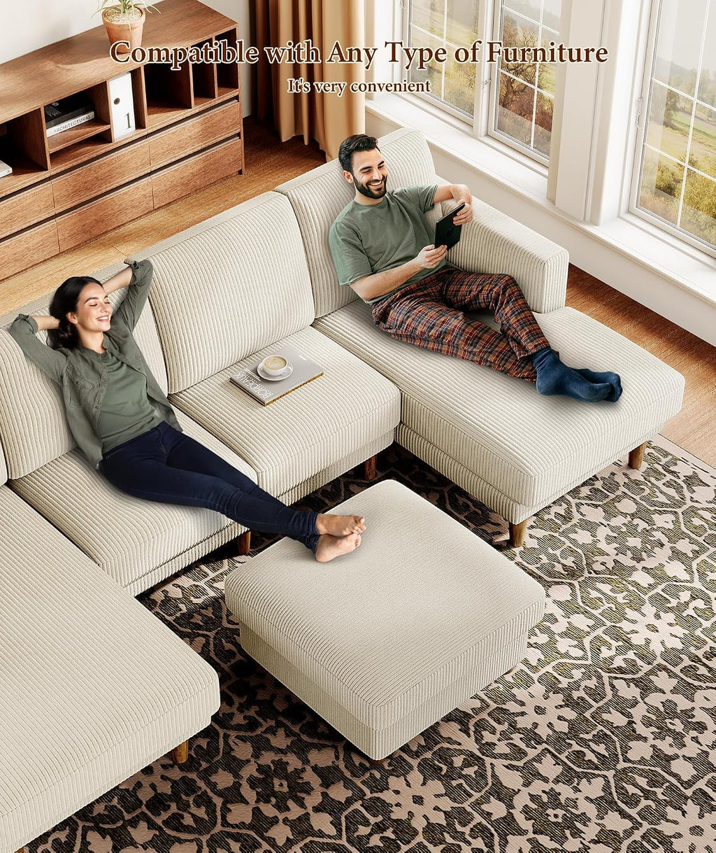 Kidirect Corduroy Ottoman with Storage, 25" Oversize Ottomans, Tool-Free Setup Storage Bench for Bedroom, Solid Wood Foot Rest, Comfy Foot Stool, Square Ottoman Coffee Table for Living Room, Beige
