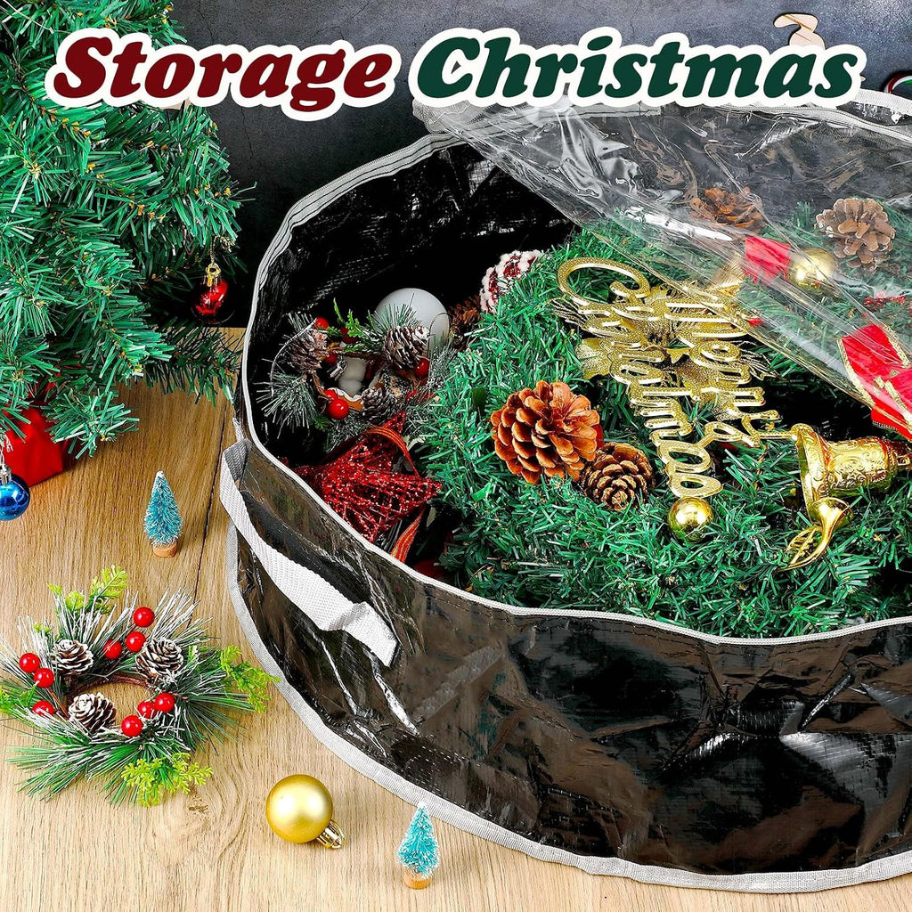 Dunzy 8 Pieces Wreath Container Christmas Wreath Storage Bag Garland Tear Resistant Fabric Round Boxes with Clear Window for Storage for Xmas Holiday Ornament(30×30×7.8 Inch,Black)