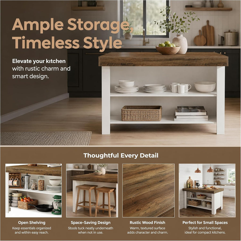 Tribesigns 55" Kitchen Island with Storage Shelves, 2-Tier Farmhouse Wood Counter Height Table with Seating, Large Stationary Island for Kitchen, Dining Room, Small Space (White)