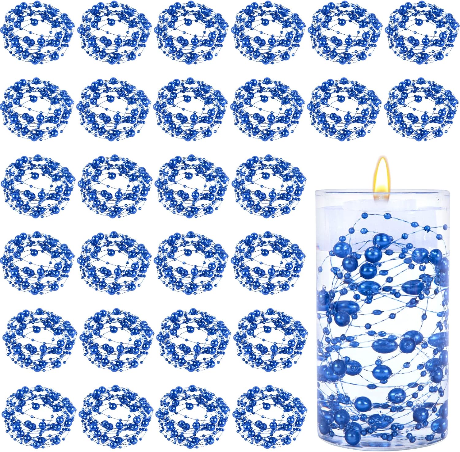DomeStar 36 PCS Blue Pearl Strings for Floating Candle, Artificial Beads Strings Blue Faux Pearls Vase Fillers for Wedding Table Centerpiece DIY Garland