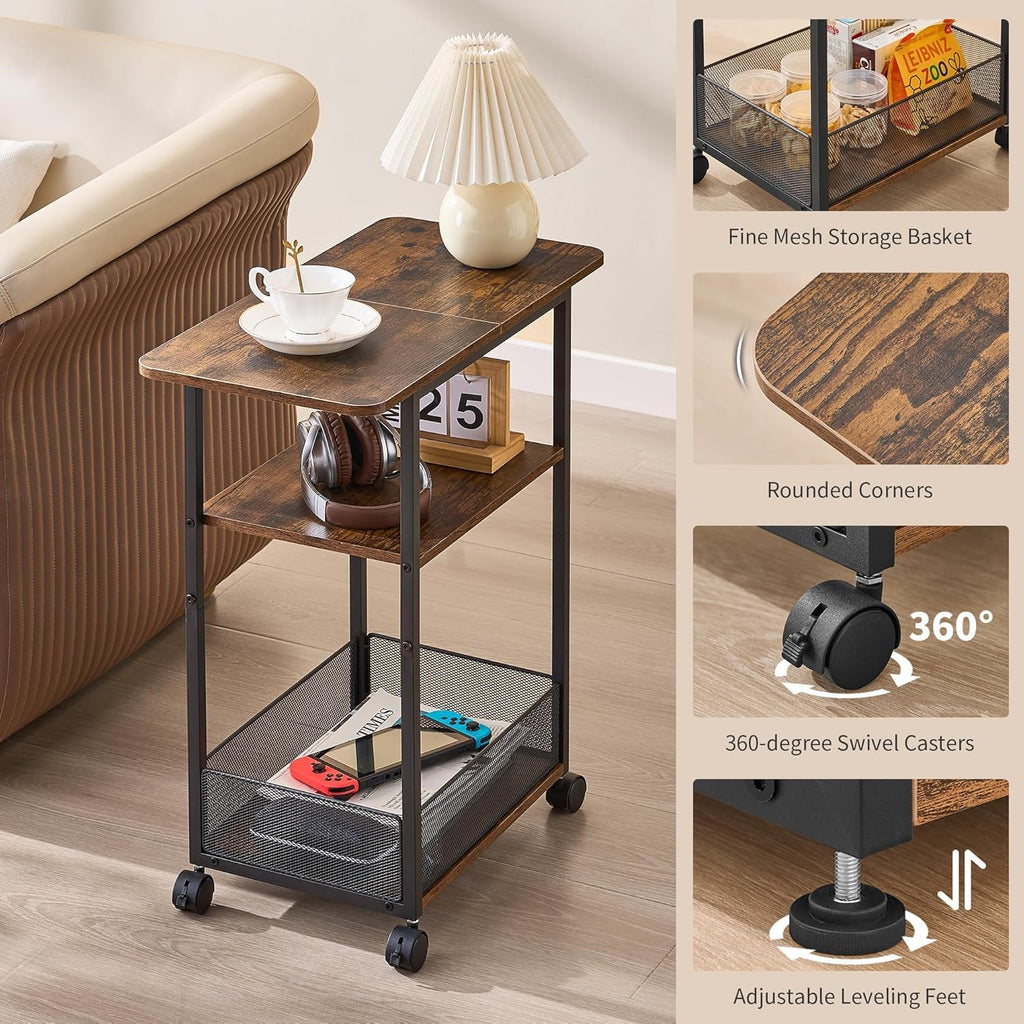 DALEMHOME Side Table with Wheels, Narrow Side Table with 3-Layer Storage Shelves, Slim Nightstand, Metal Frame, for Small Spaces, Living Room, Bedroom, 23.6" D x 11.8" W x 25.2" H, Rustic Brown