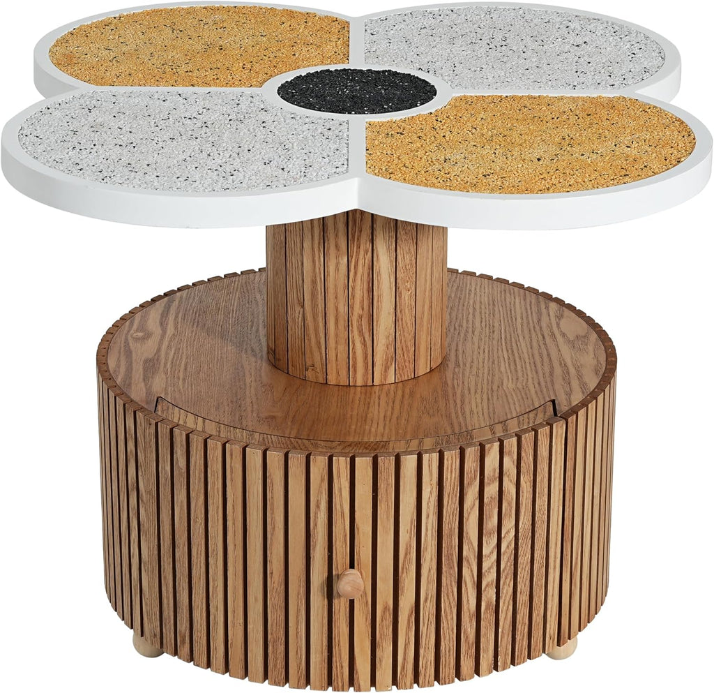 Christopher Knight Home Maven Four-Leaf Clover Side Table with Drawer, Modern Sofa End Table for Living Room, Wooden Accent Table with Pedestal Base, Natural+Yellow+White