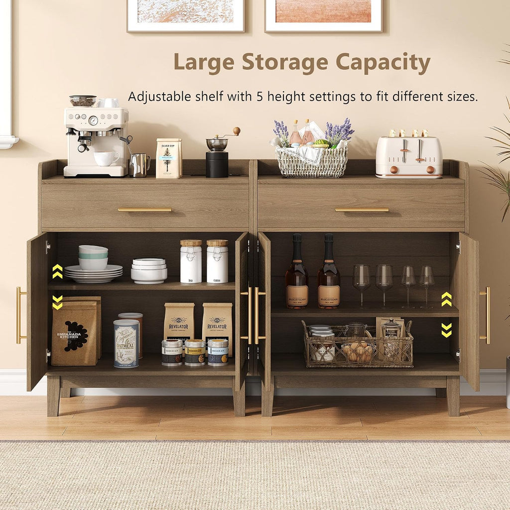 30" Rattan Sideboard Buffet Cabinet with Storage and Drawer, Boho Coffee Bar with Charging Station, Wood Accent Cabinet with Adjustable Shelf & 2 Door for Kitchen, Living Room, Entryway, Brown