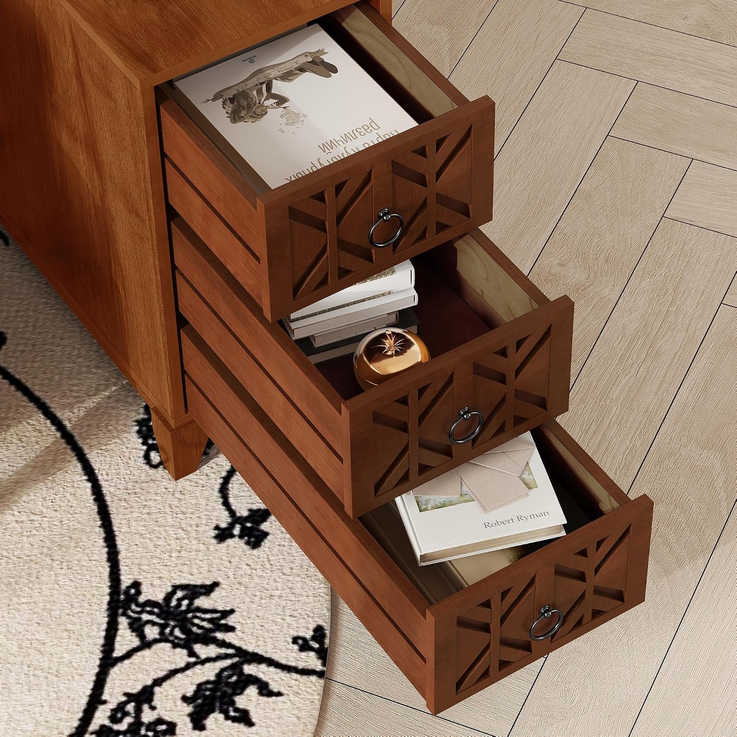 KEIKI End Table with 3 Drawers, Corner Table with 4 Open Shelves, Tall Side Table for Living Room, Bedroom and Corner
